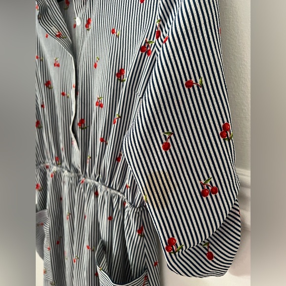Monteau Dress Cherries Striped navy white m medium pockets buttons summer - Picture 6 of 13